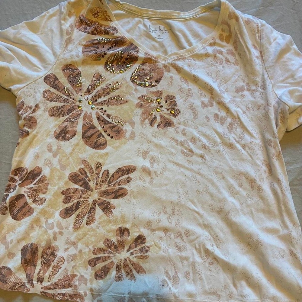 Nicole Miller cream & tan floral cotton top with brown floral print